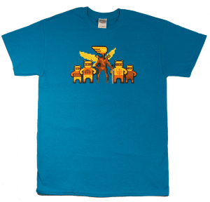 Killer Queen T-Shirt blue with yellow and orange queen and drones. Image courtesy of Alan from BumbleBear Games.