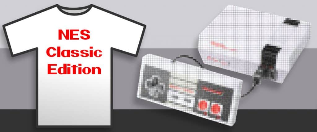 NES Classic Edition pixelated banner with Nintendo T-Shirt.