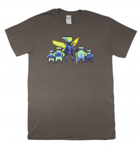 Killer Queen T-Shirt grey with blue and purple queen and drones. Image courtesy of Alan from BumbleBear Games.