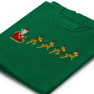 8 bit Santa Claus green cheap Christmas t shirt. Graphic is a pixelated Christmas design with Santa and his reindeer in classic NES style.
